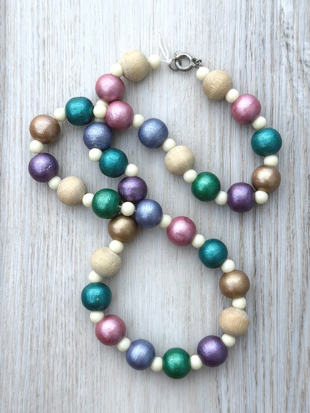 Vintage 1980s Pearlescent Chunky Wooden Bead Necklace Multicolor Retro Bohemian